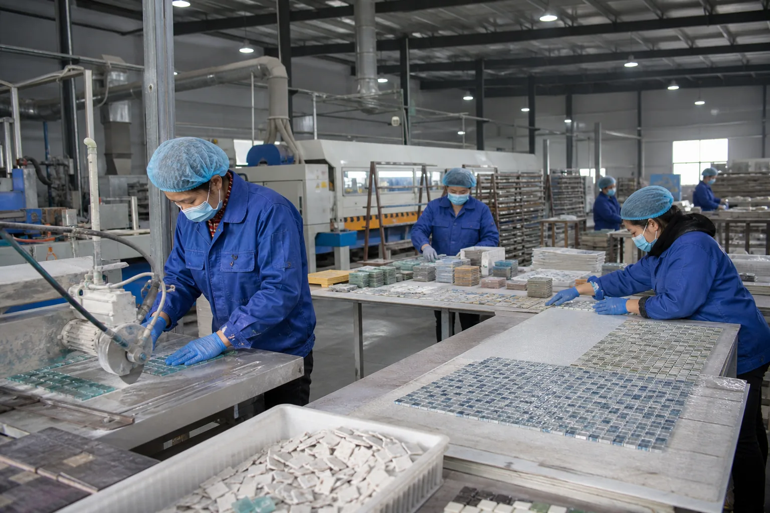 Mosaic tile manufacturer workshop producing ceramic and glass mosaic sheets
