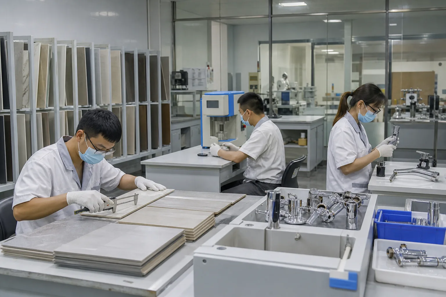 Tiles factory workshop quality control laboratory and sanitary ware inspection
