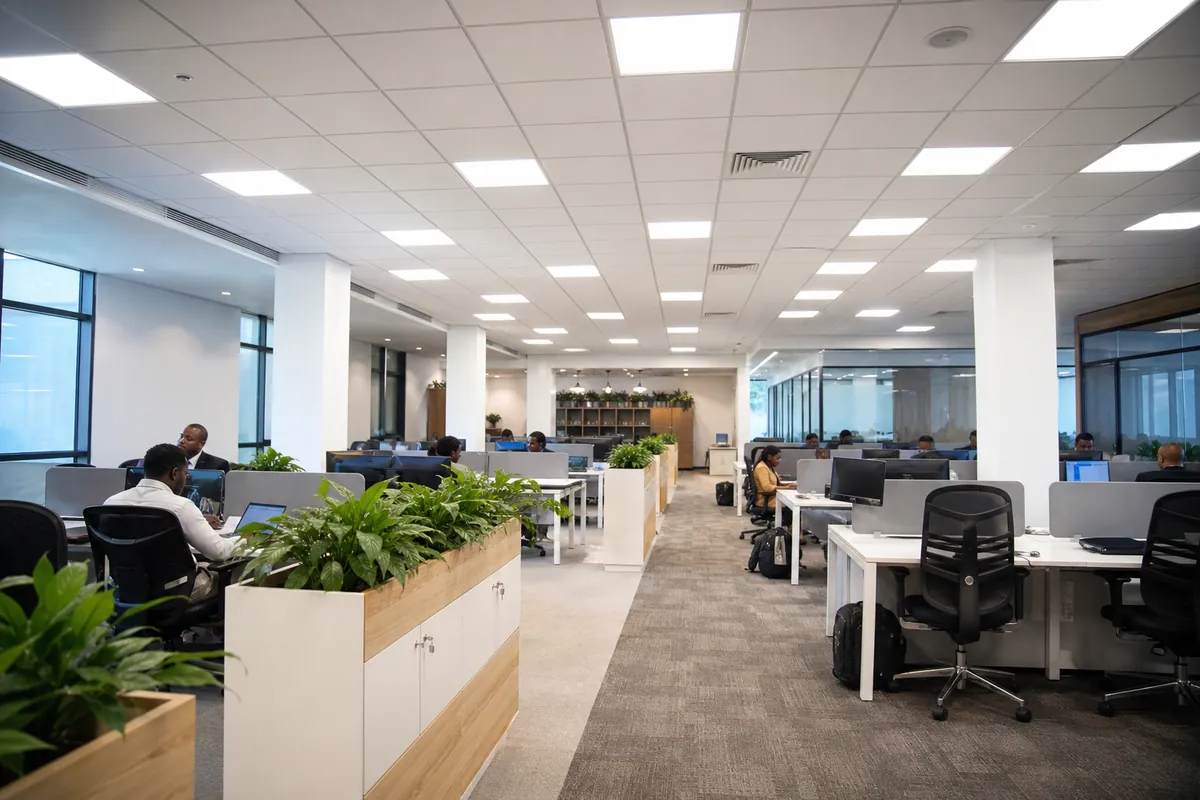 LED panel light installed in office building ceiling